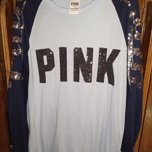 PINK Victoria's Secret Light Blue Tee with Sequin Navy Sleeves